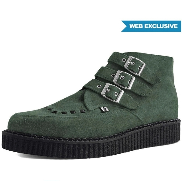 tuk Shoes - TUK GREEN MOSS SUEDE 3BUCKLE POINTED CREEPER BOOTS